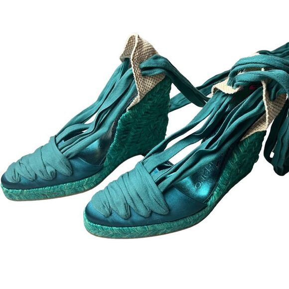 NWOT Emanuel Ungaro FAB Wedge Espadrilles in Teal Silk w/Sexy Lace-Up Design 8 - Picture 8 of 9